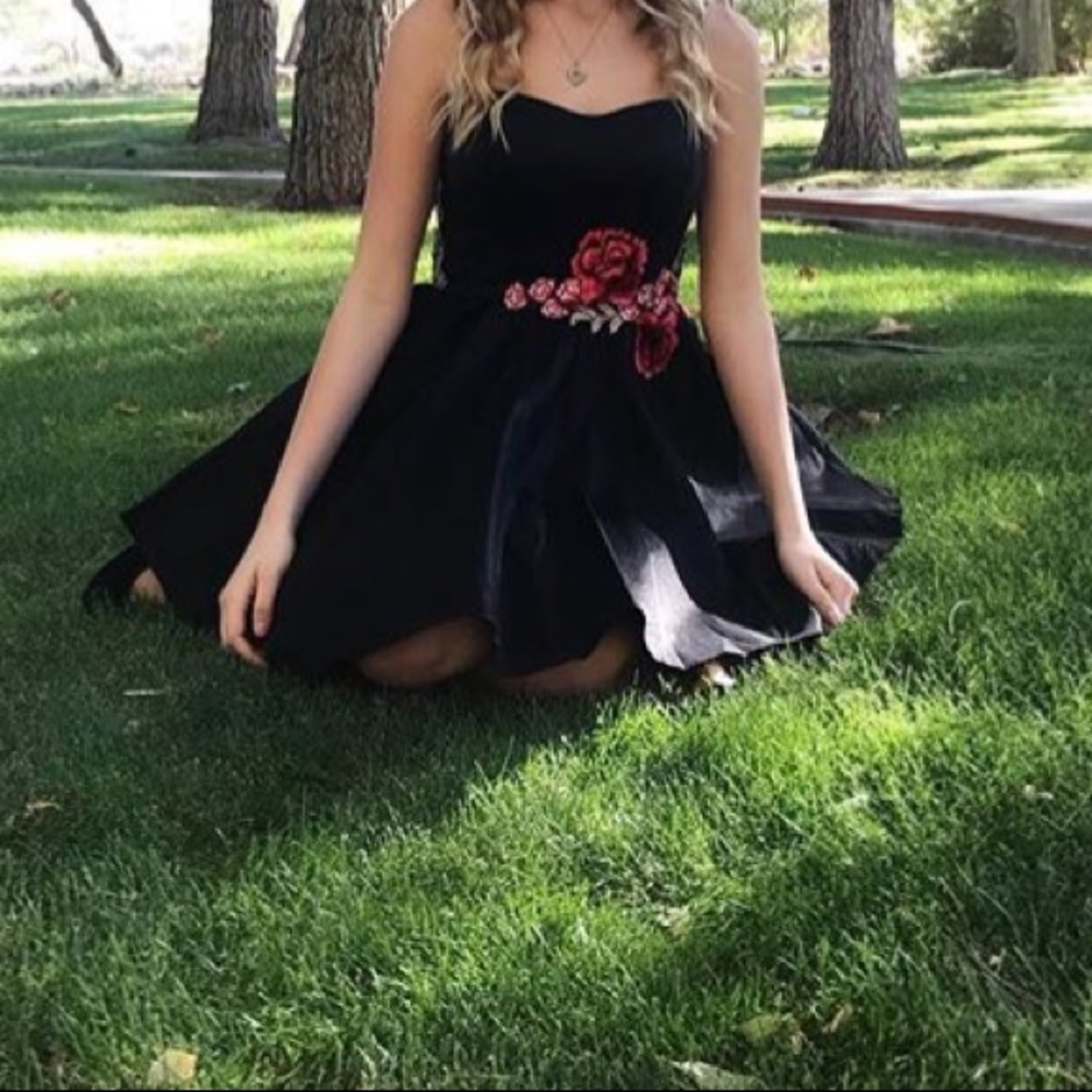 blue dress with red roses